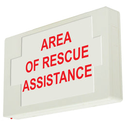 area of rescue assistance exit sign red letters white housing 90 minute battery 