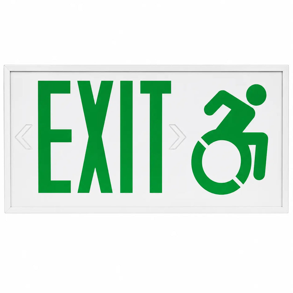 ADA Handicap Exit Sign With Speedy Wheel Chair Symbol - Green Letters, front view