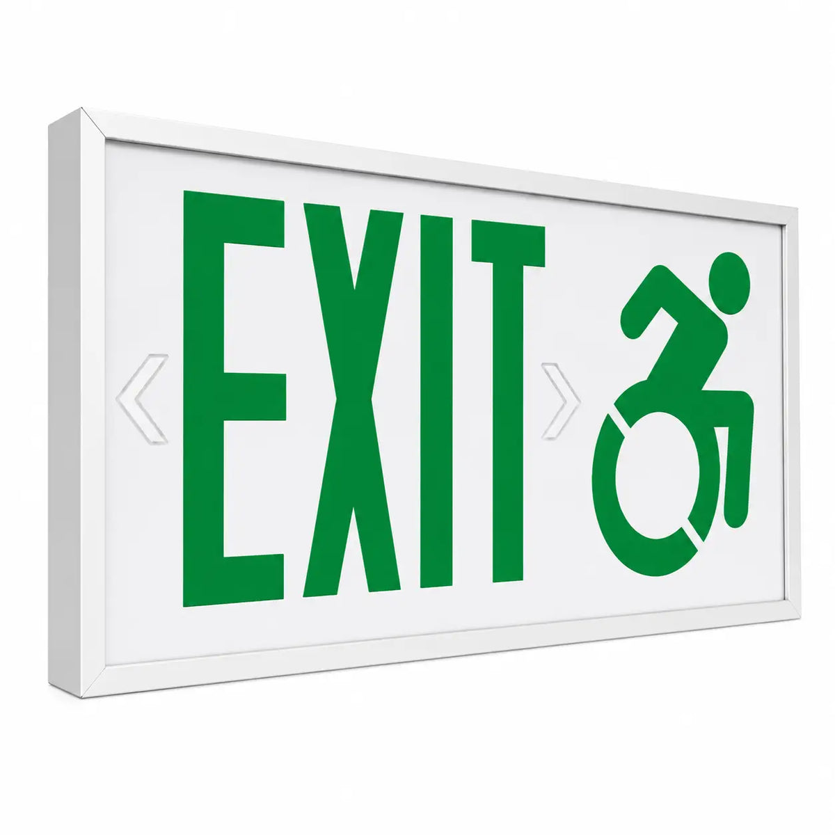 ADA Handicap Exit Sign With Speedy Wheel Chair Symbol - Green Letters, side view