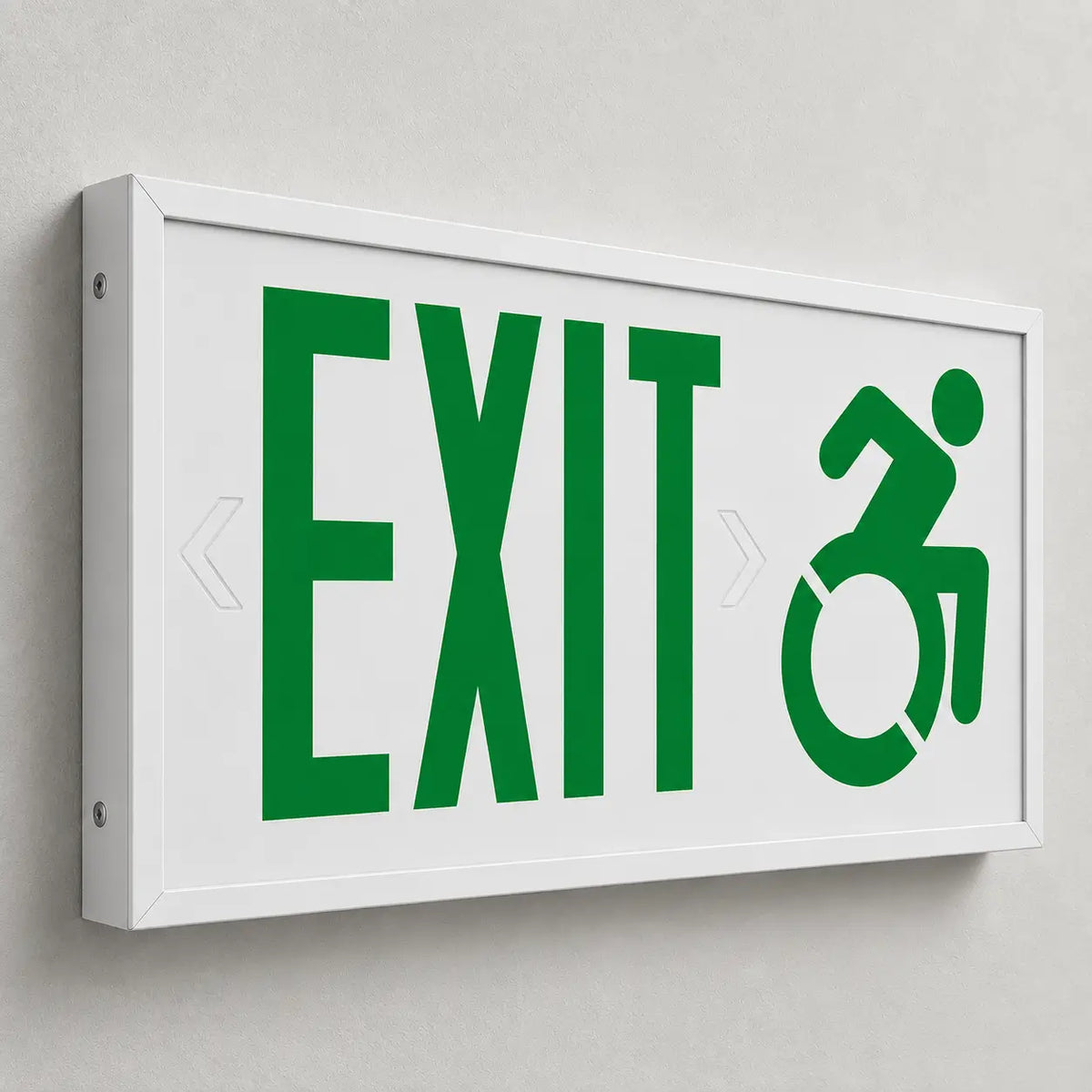 ADA Handicap Exit Sign With Speedy Wheel Chair Symbol - Green Letters, wall mount view