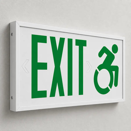 ADA Handicap Exit Sign With Speedy Wheel Chair Symbol - Green Letters, wall mount view