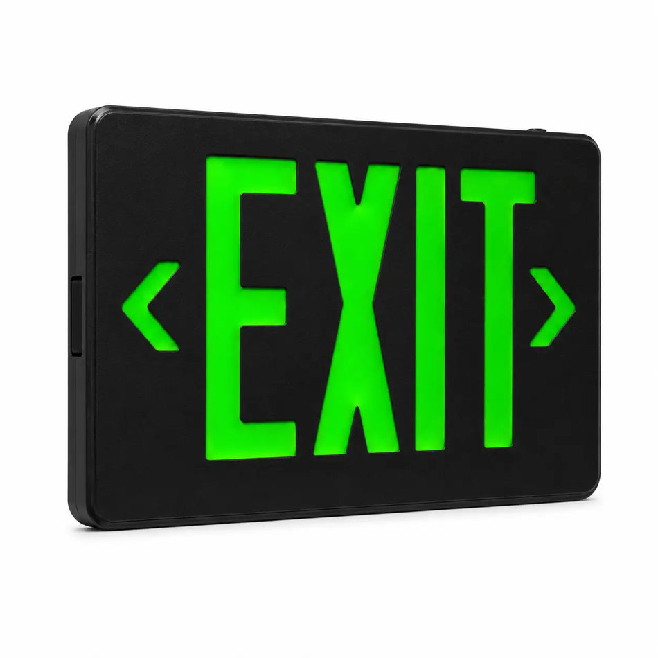 Black Exit Sign Green LED Black Housing with Battery Back-up, left angle