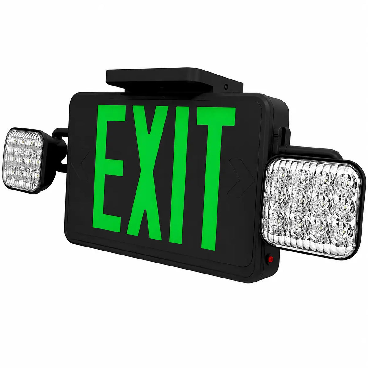 Black Exit Sign Green Letters and Led Emergency Lights -UL Listed- 5Yr Warranty, ceiling mount view