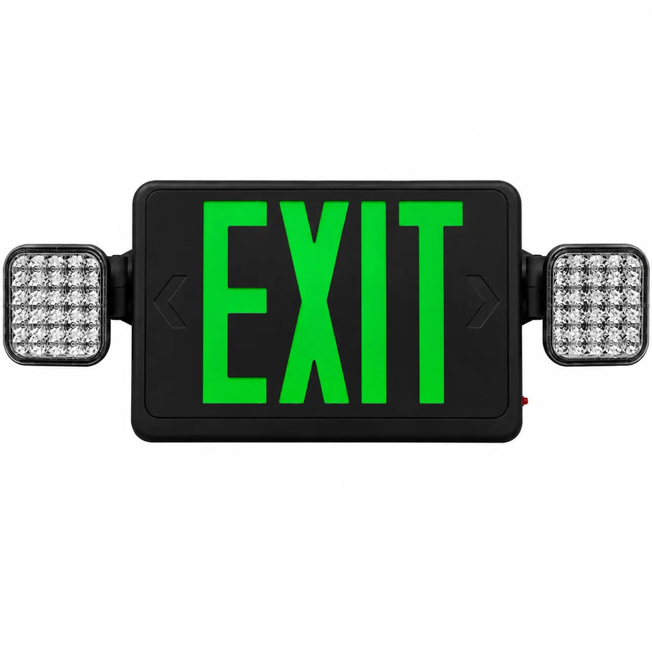 Black Exit Sign Green Letters and Led Emergency Lights -UL Listed- 5Yr Warranty, front view