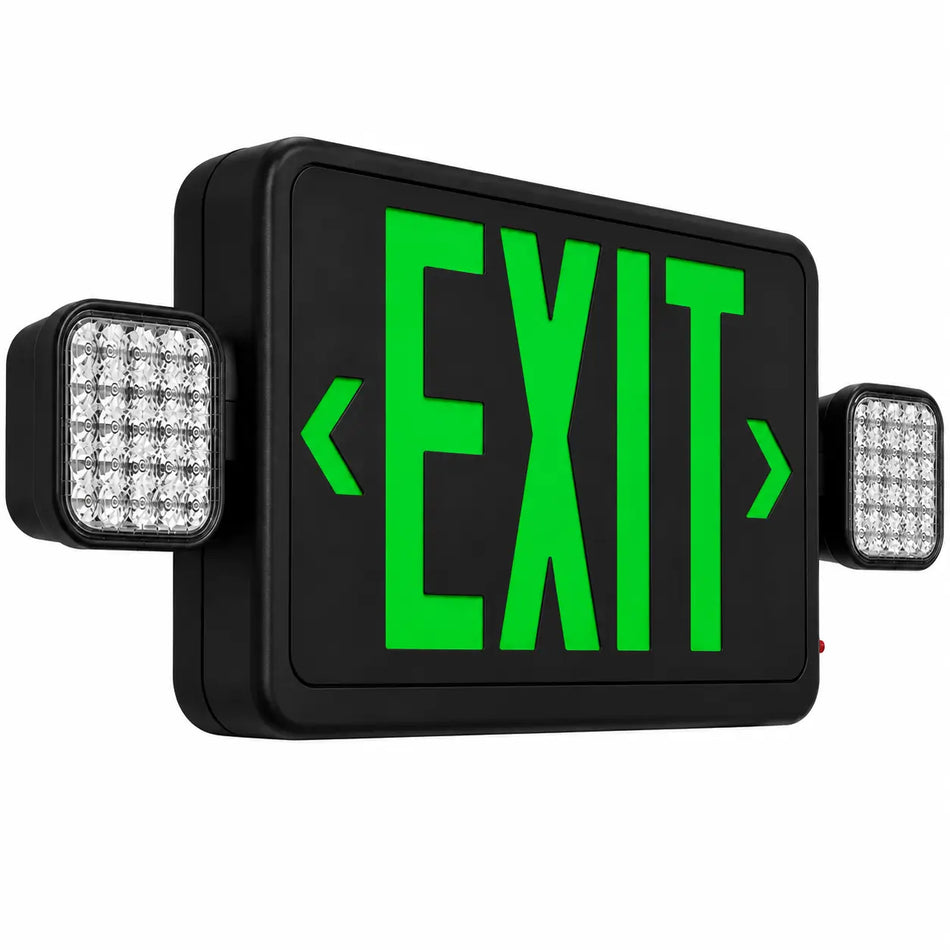 Black Exit Sign Green Letters and Led Emergency Lights -UL Listed- 5Yr Warranty, side view