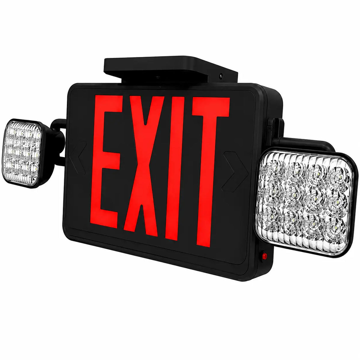Black Exit Sign Red Letters and Led Emergency lights -UL Listed- 5yr Warranty, ceiling mount view