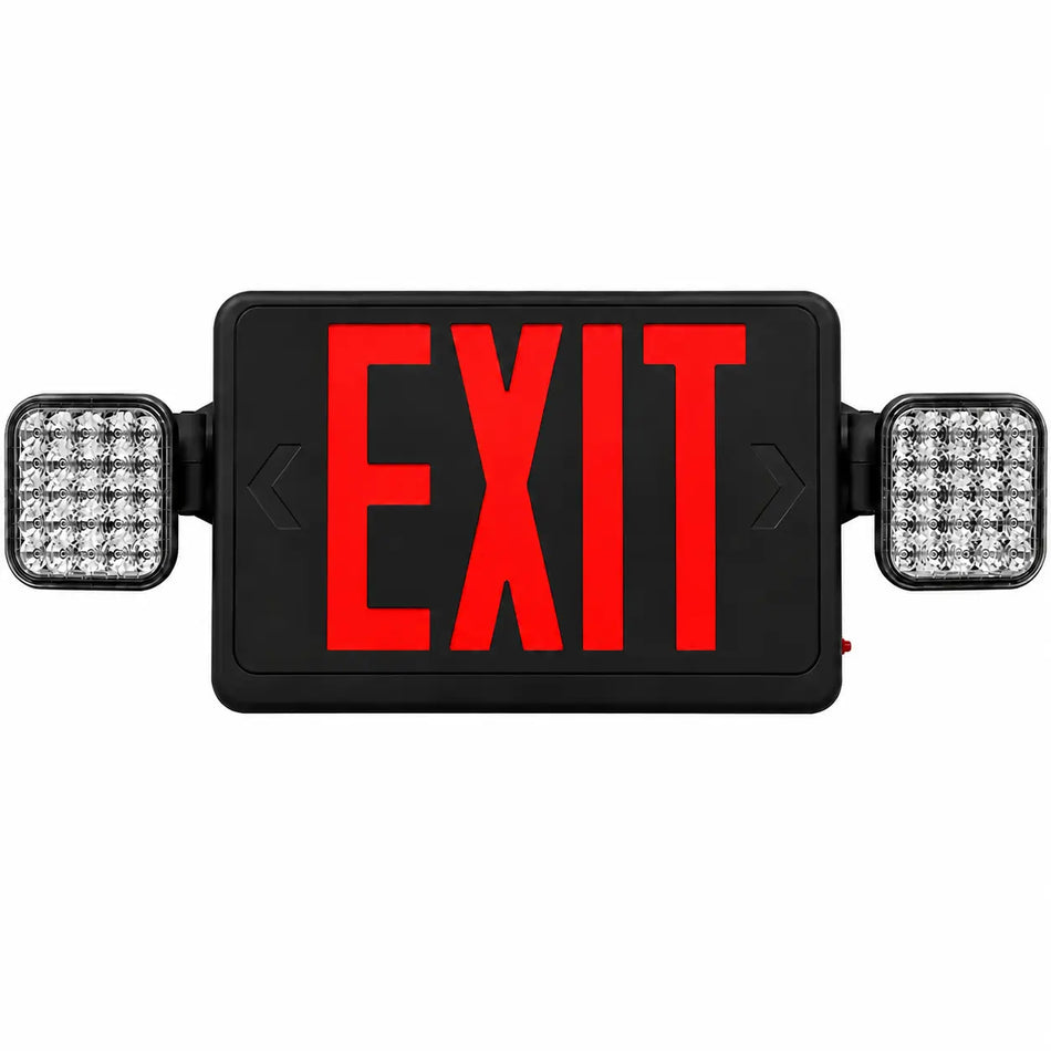Black Exit Sign Red Letters and Led Emergency lights -UL Listed- 5yr Warranty, front view