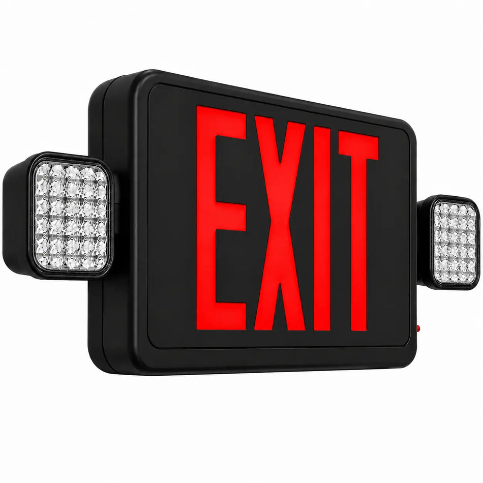 Black Exit Sign Red Letters and Led Emergency lights -UL Listed- 5yr Warranty, side view