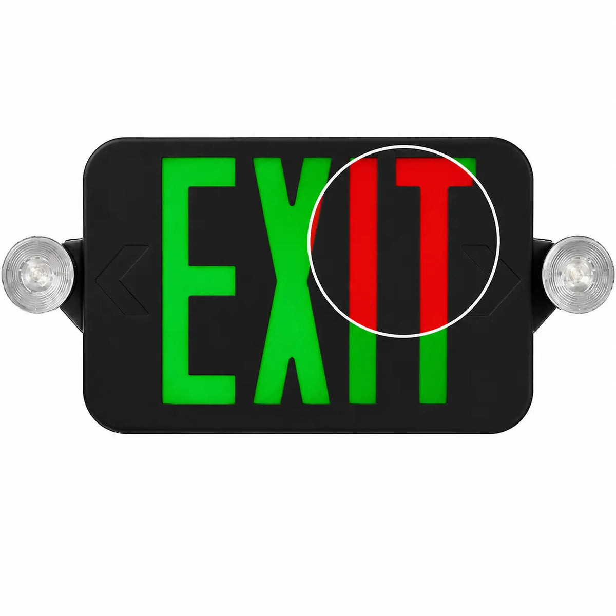 Black Exit Sign with Lights - Field Switchable Red or Green LED UL 924 - 5 Yr Warranty, front view