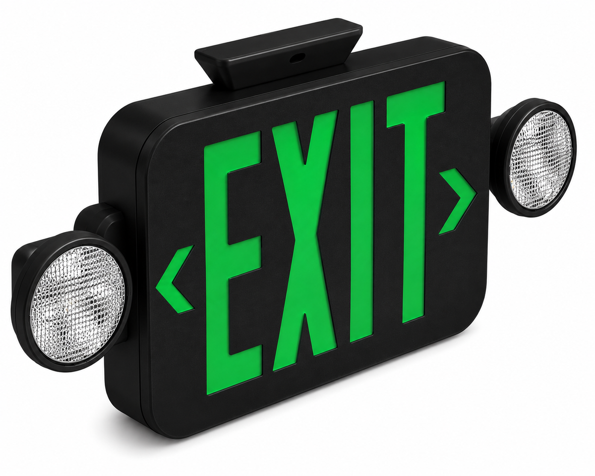 Black exit sign with green 'EXIT' and two led round lights ceiling mount 