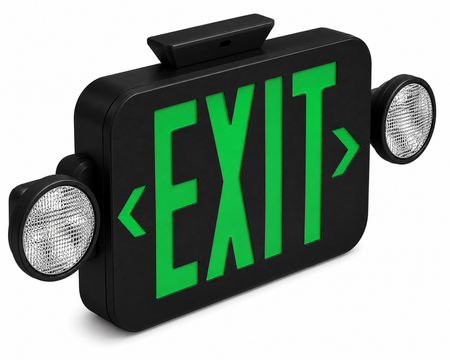 Black exit sign with green 'EXIT' and two led round lights ceiling mount 