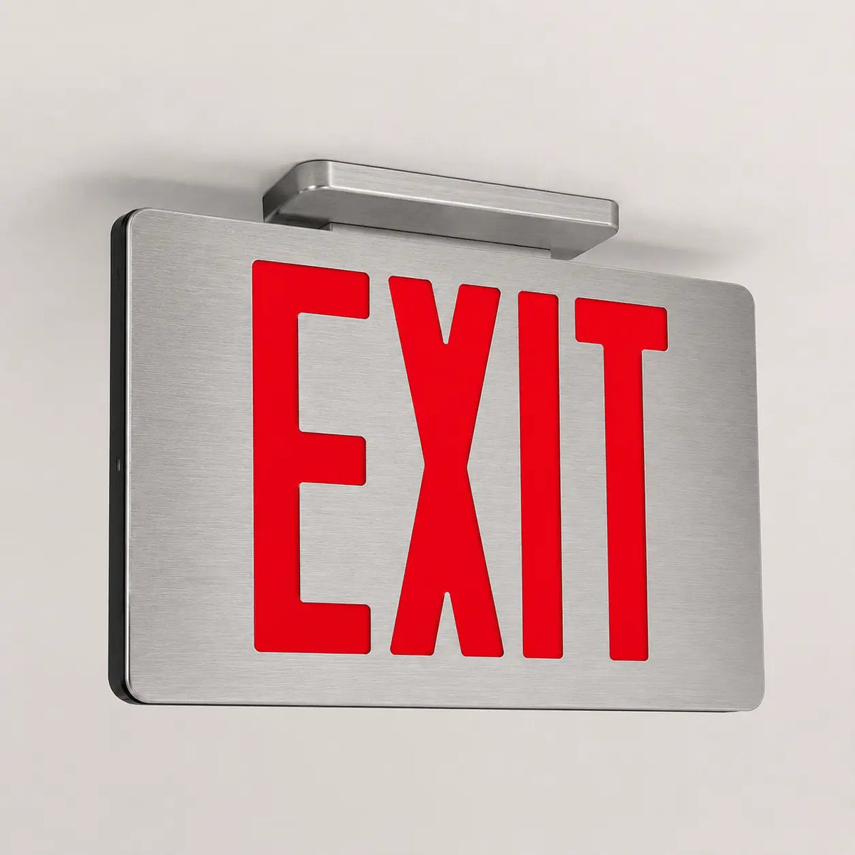Brushed Aluminum Exit Sign Red LED - Battery- UL Listed - 5Yr Warranty, ceiling mounted view