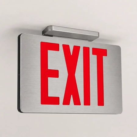Brushed Aluminum Exit Sign Red LED - Battery- UL Listed - 5Yr Warranty, ceiling mounted view