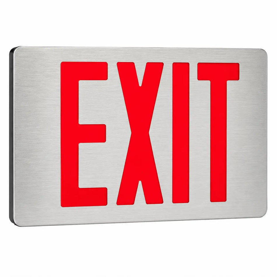 Brushed Aluminum Exit Sign Red LED - Battery- UL Listed - 5Yr Warranty, front view