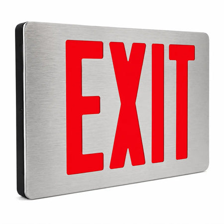 Brushed Aluminum Exit Sign Red LED - Battery- UL Listed - 5Yr Warranty, left angle view