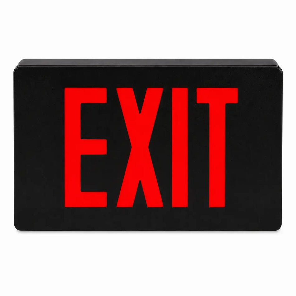 Cast Aluminum Exit Sign - Black Housing - Red LED - Aluminum, Battery, front view