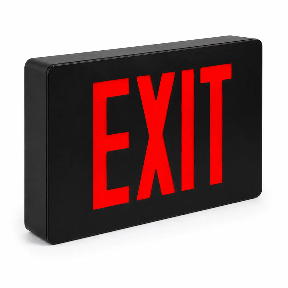 Cast Aluminum Exit Sign - Black Housing - Red LED - Aluminum, Battery, left angle view