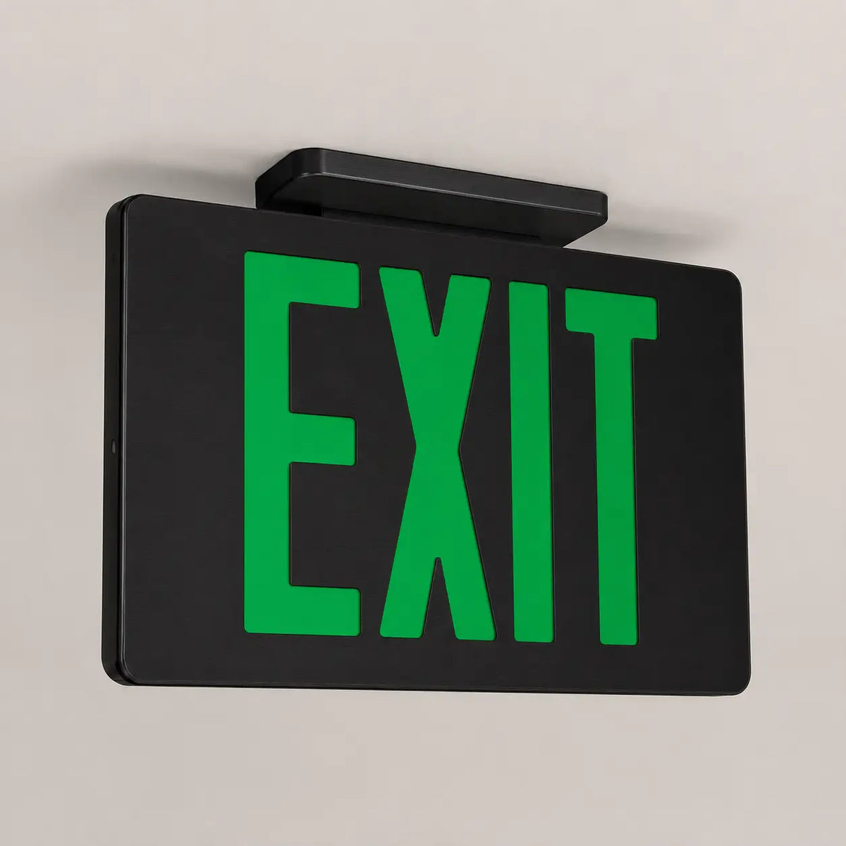 Cast Aluminum Exit Sign Green LED Black Housing With Battery Backup, ceiling mounted view
