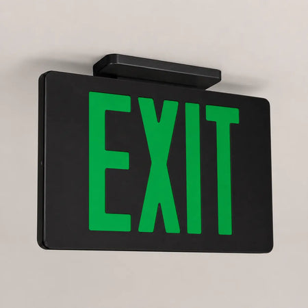 Cast Aluminum Exit Sign Green LED Black Housing With Battery Backup, ceiling mounted view