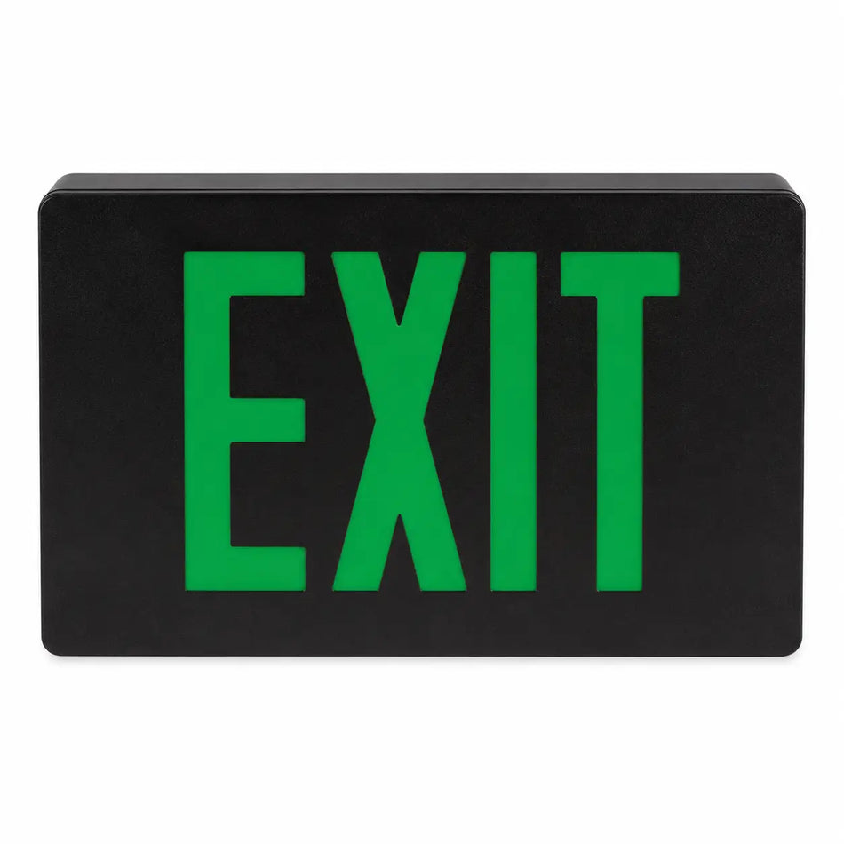 Cast Aluminum Exit Sign Green LED Black Housing With Battery Backup, front view