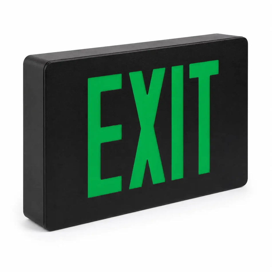 Cast Aluminum Exit Sign Green LED Black Housing With Battery Backup, left angle view