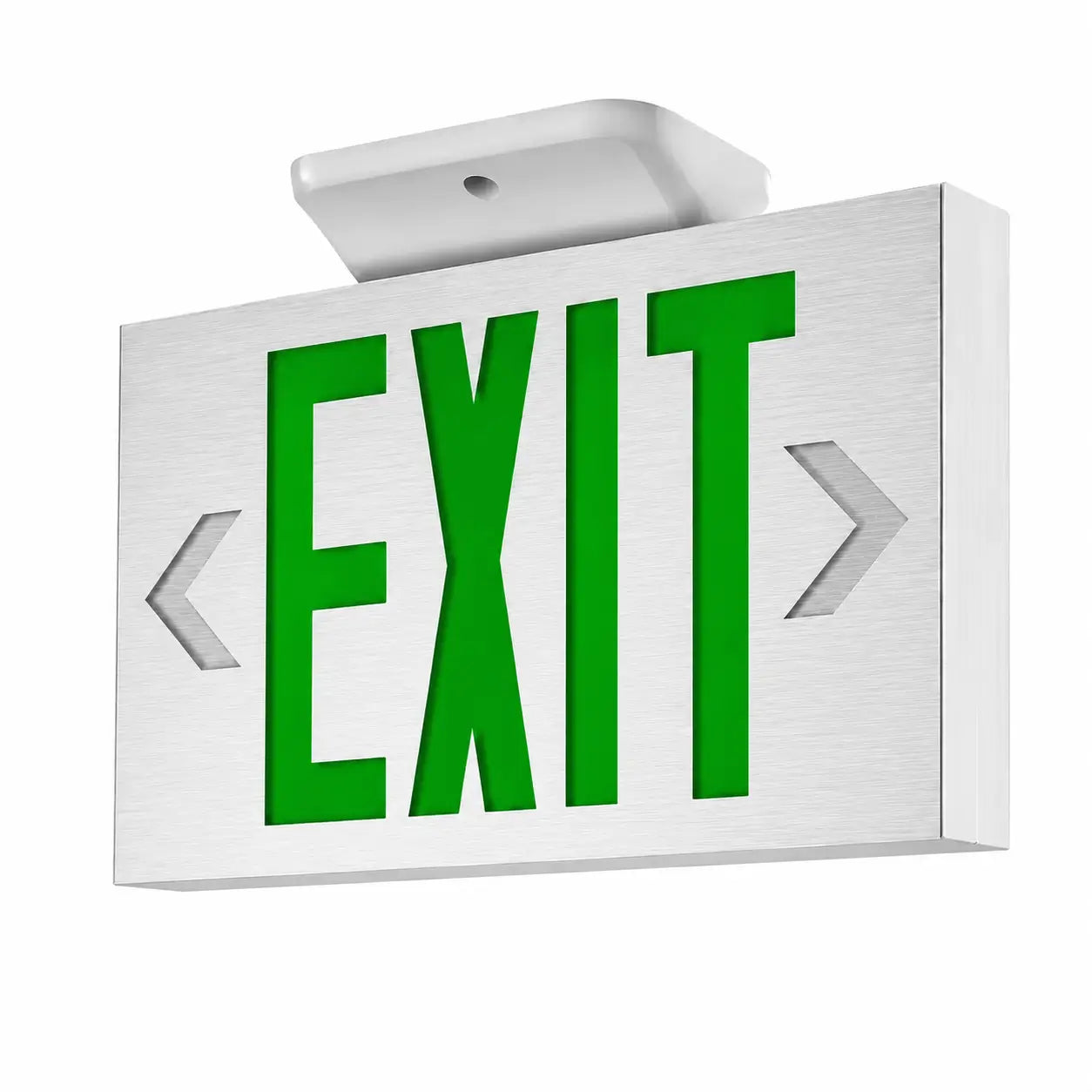 Cast Aluminum Exit Sign Green LED White Housing With Battery Backup, ceiling mounted view