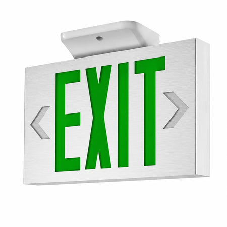 Cast Aluminum Exit Sign Green LED White Housing With Battery Backup, ceiling mounted view