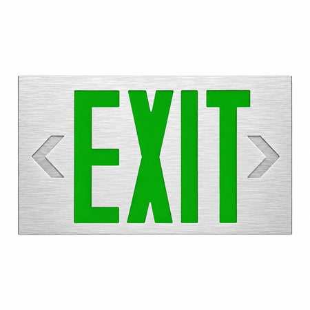 Cast Aluminum Exit Sign Green LED White Housing With Battery Backup, front view