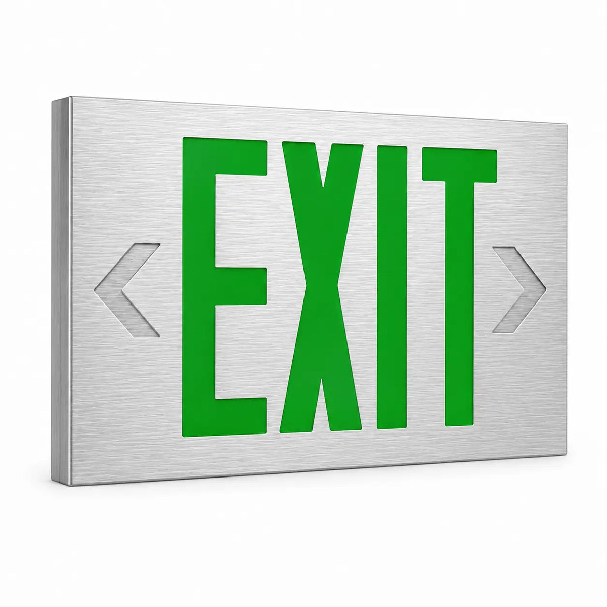 Cast Aluminum Exit Sign Green LED White Housing With Battery Backup, left angle view