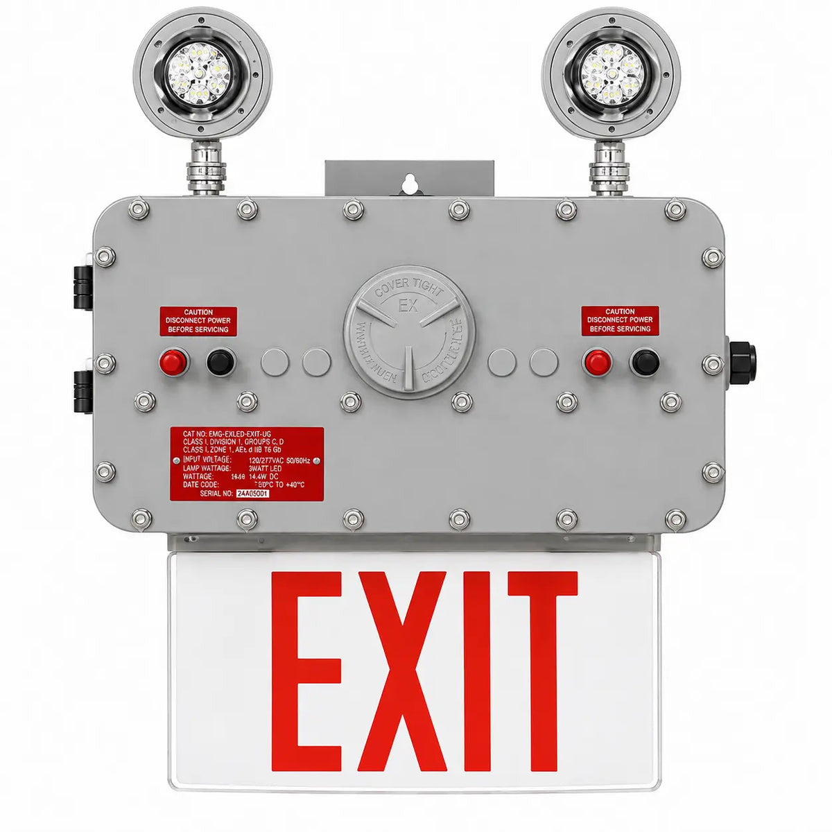 Class 1 Div 1 LED Edge Lit Exit Sign with Emergency Light, front view