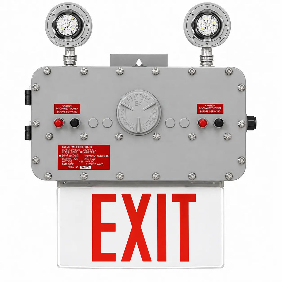 Class 1 Div 1 LED Edge Lit Exit Sign with Emergency Light, front view