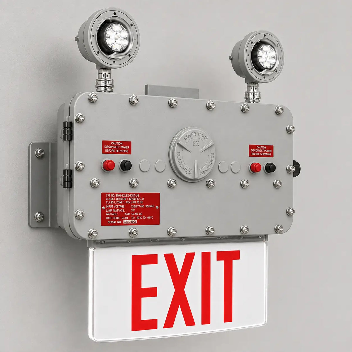 Class 1 Div 1 LED Edge Lit Exit Sign with Emergency Light, wall mounted view