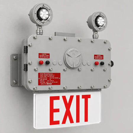 Class 1 Div 1 LED Edge Lit Exit Sign with Emergency Light, wall mounted view