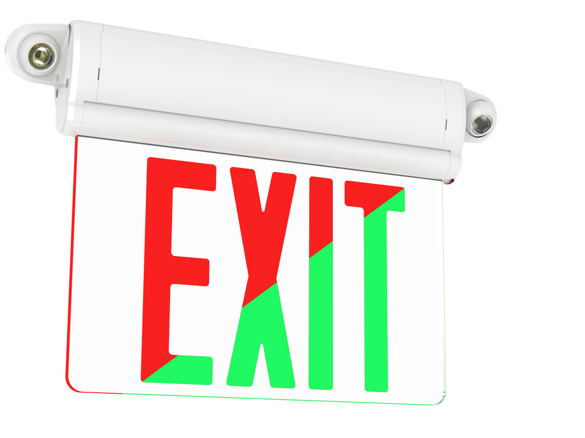 Clear Exit sign with red and green letters and emergency lights 