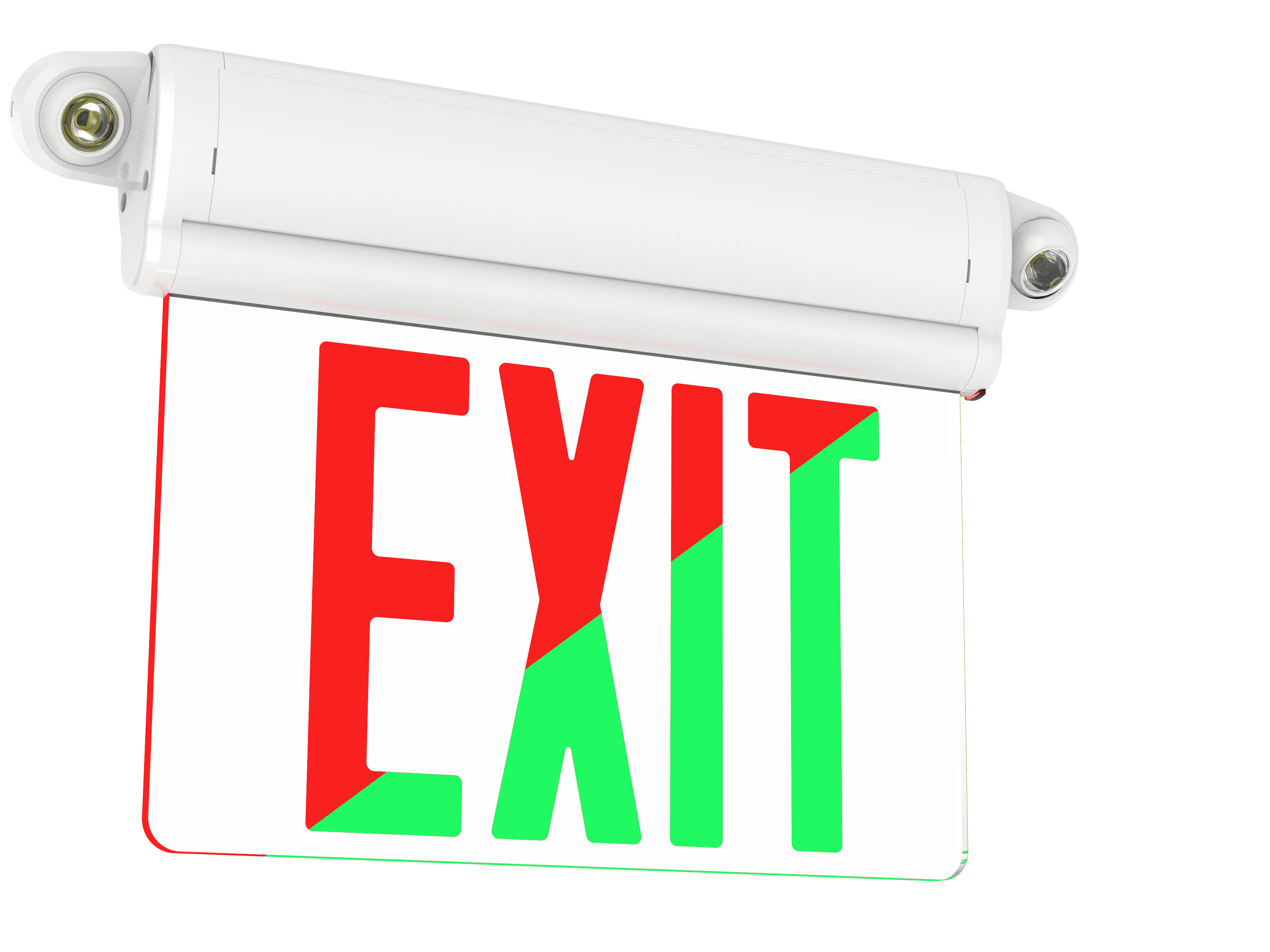 Clear Exit sign with red and green letters and emergency lights 