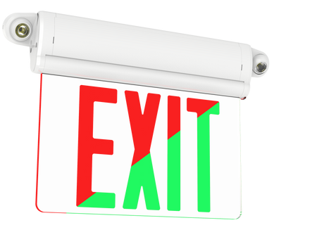 Clear Exit sign with red and green letters and emergency lights 