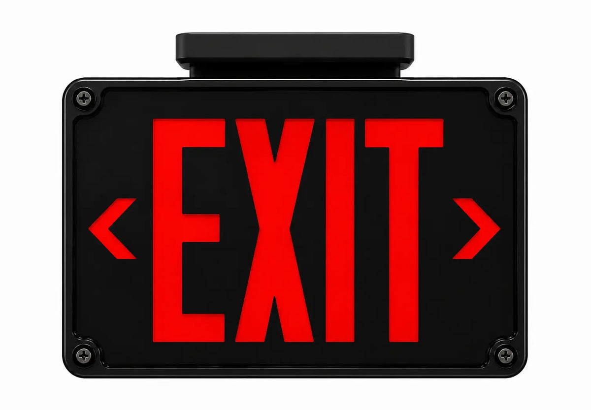 Cold Weather Exit Sign LED Exit Sign Battery Heater with Black Housing, ceiling mounting - Universal Mount -4°F to 122°F