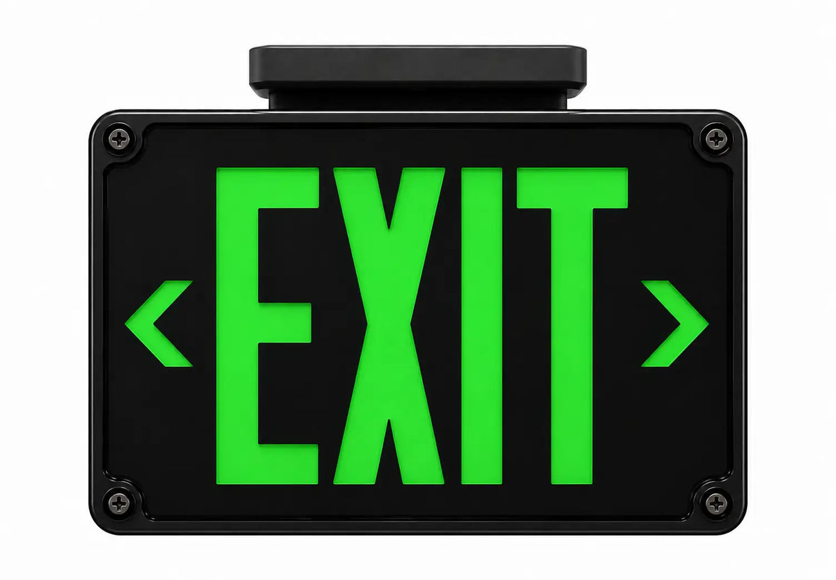 Cold Weather Green LED Exit Sign with Battery Heater, Black Housing, ceiling mounting -4°F to 122°F