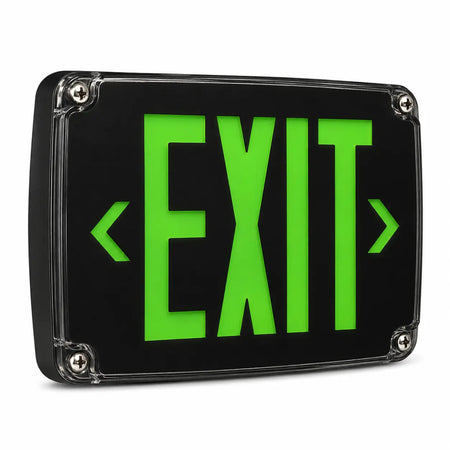 Cold Weather Green LED Exit Sign with Battery Heater, Black Housing, left angle -4°F to 122°F