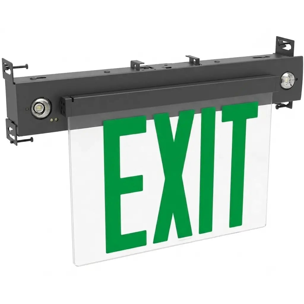 Combo Edge Lit Exit Sign with LED Emergency Lights - Green LED- Surface or Recessed, black housing