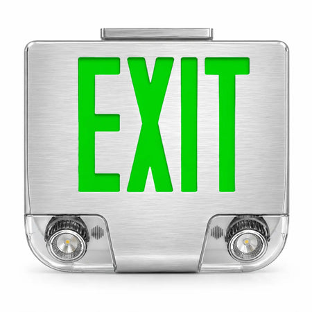 Die Cast Aluminum Green LED Combination Exit Sign with Emergency Lights, ceiling mounted view