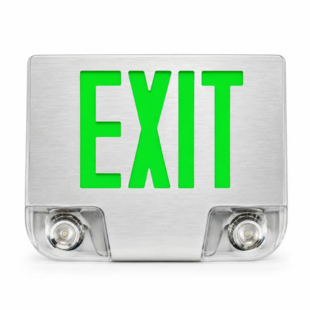 Die Cast Aluminum Green LED Combination Exit Sign with Emergency Lights, front view