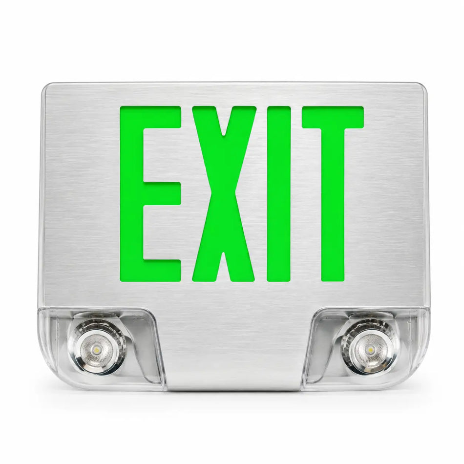 Die Cast Aluminum Green LED Combination Exit Sign with Emergency Lights, front view