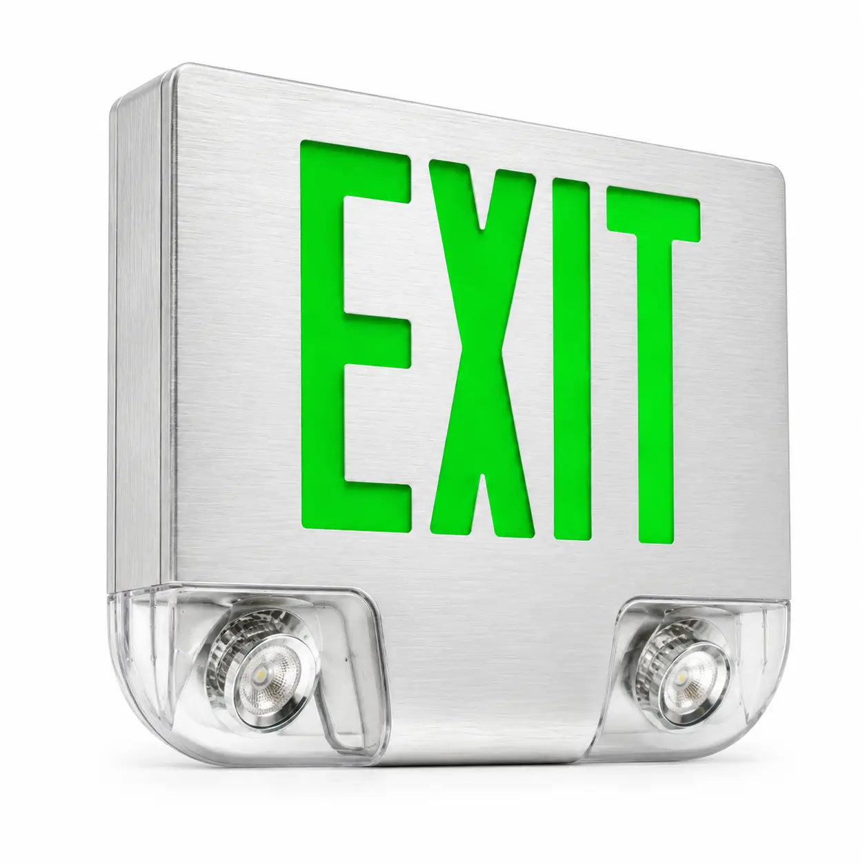 Die Cast Aluminum Green LED Combination Exit Sign with Emergency Lights, left angle view