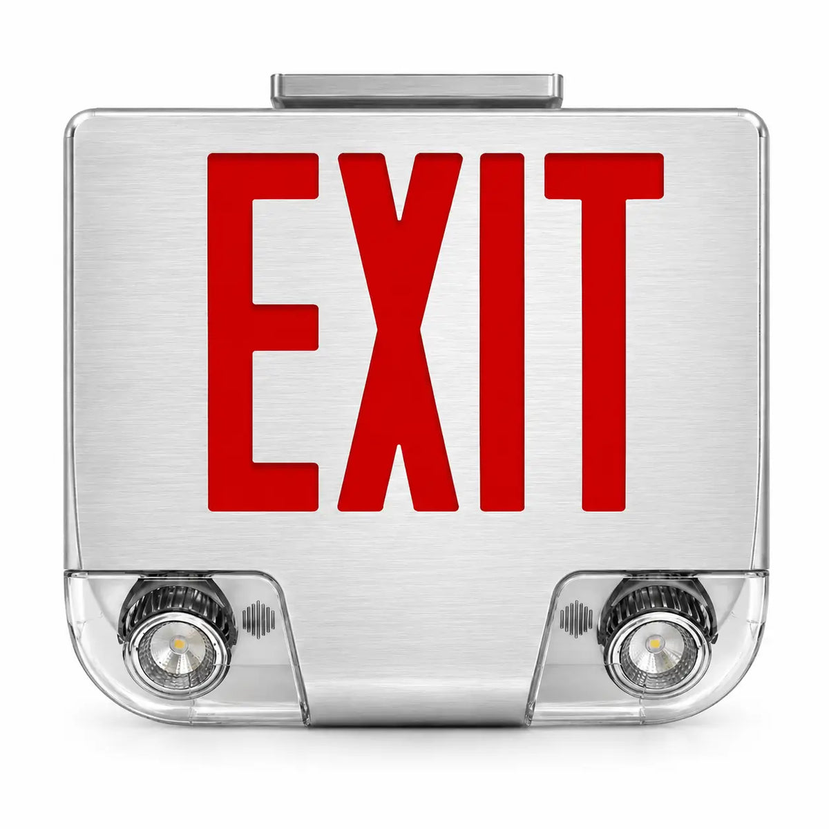 Die Cast Brushed Aluminum LED Combo Exit Sign - Red, ceiling mounted view