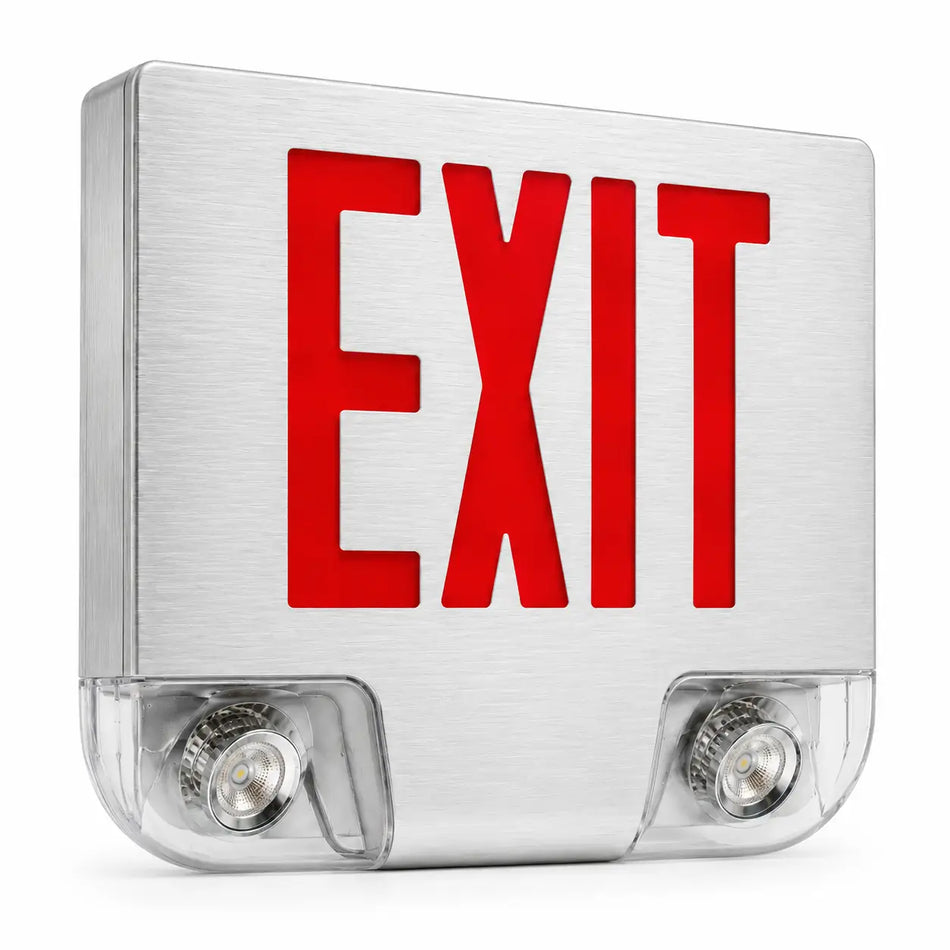 Die Cast Brushed Aluminum LED Combo Exit Sign - Red, left angle view