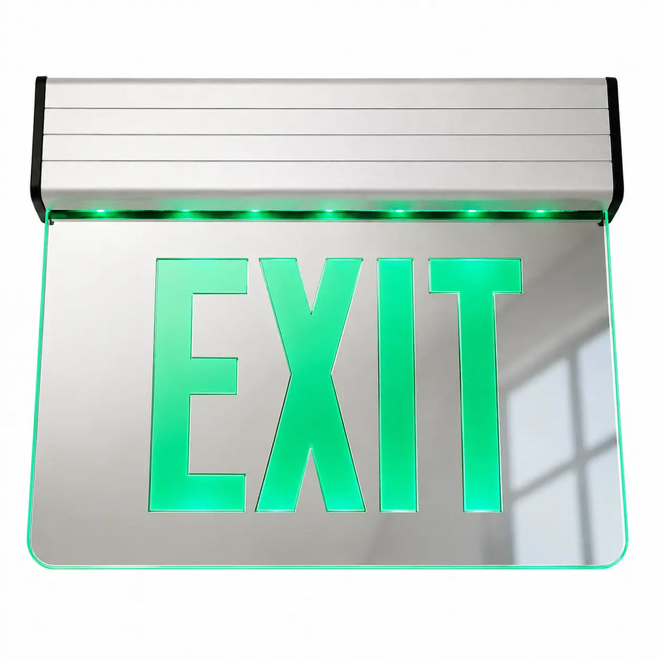 Double Face Edge Lit Exit Sign Green LED with Battery- Mirrored Panel