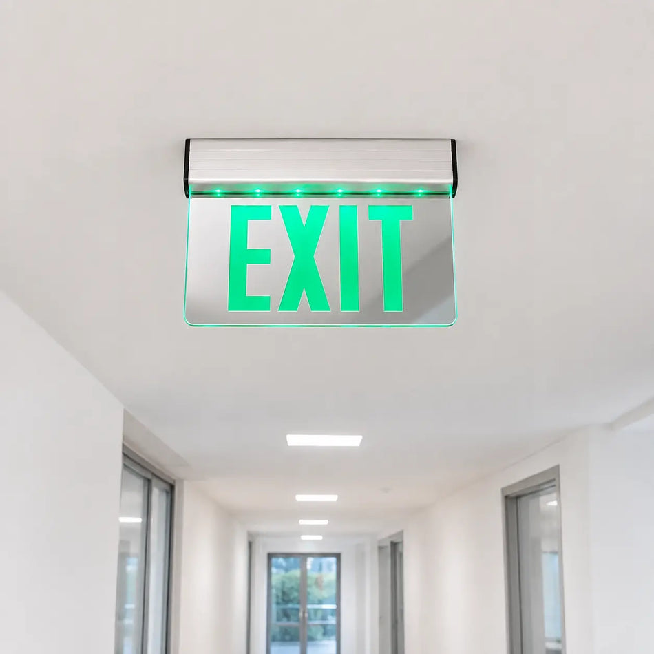 Double Face Edge Lit Exit Sign Green LED with Battery- Mirrored Panel