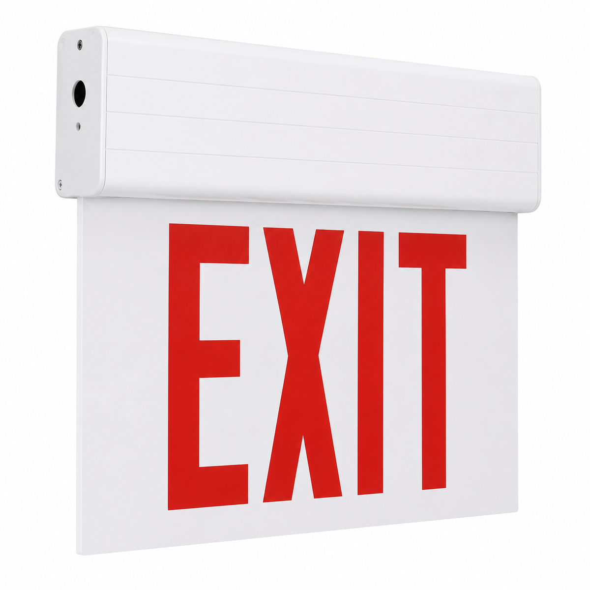 White Edge lit exit with white insert and white housing - battery and arrows 