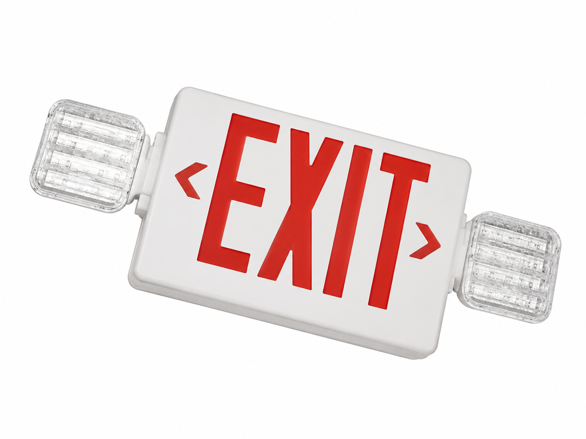 A white emergency exit sign with red letter  reading 'EXIT' and two rectangular lights
